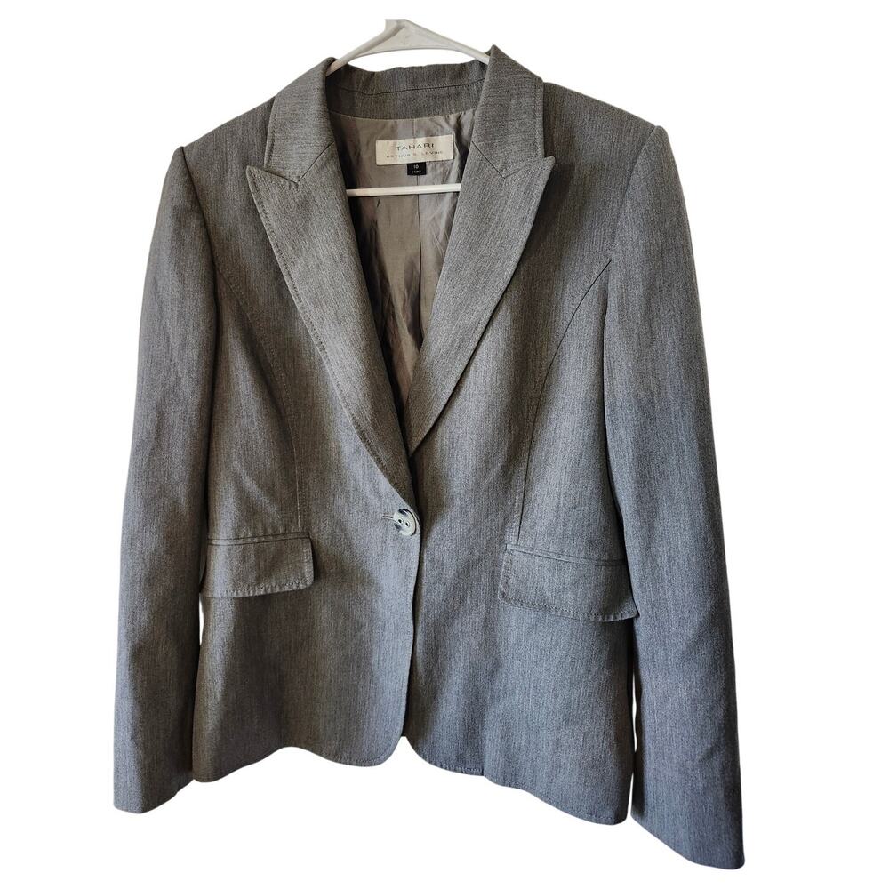 Tahari ASL One Button Gray Suit Jacket Size 10 Double Pocket Career